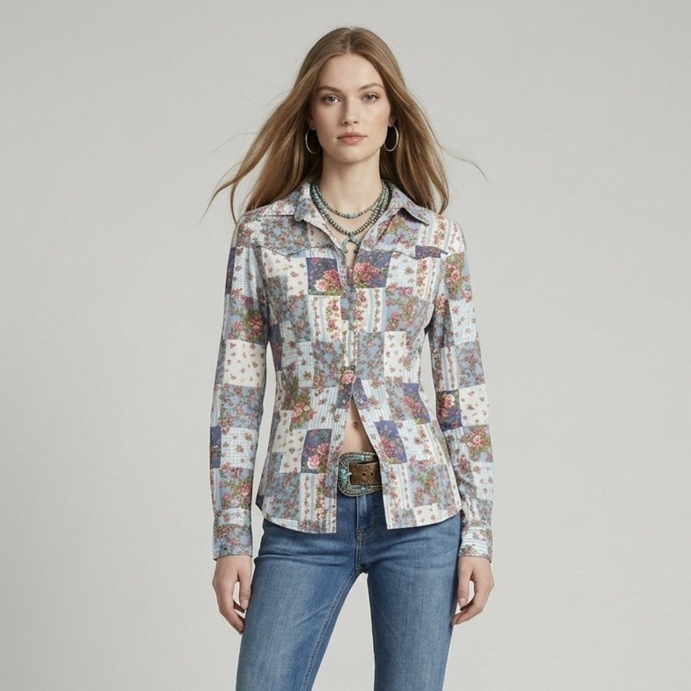 Vintage Y2K Dollhouse Patchwork Floral Western Pearl Snap Shirt Top S / M